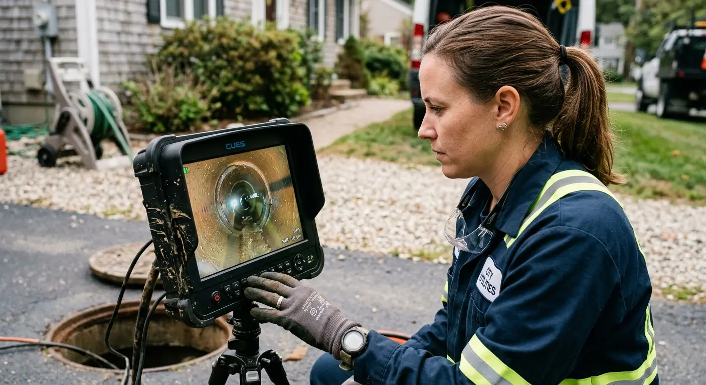 Technician reviewing sewer camera inspection footage in Angier