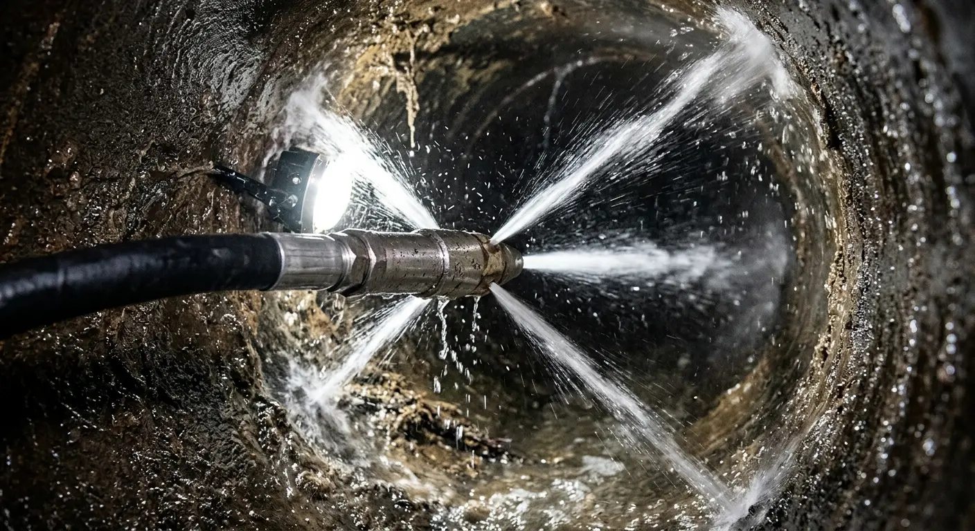 High-pressure hydro jetting nozzle cleaning sewer pipe for Storm Drain Cleaning in Angier