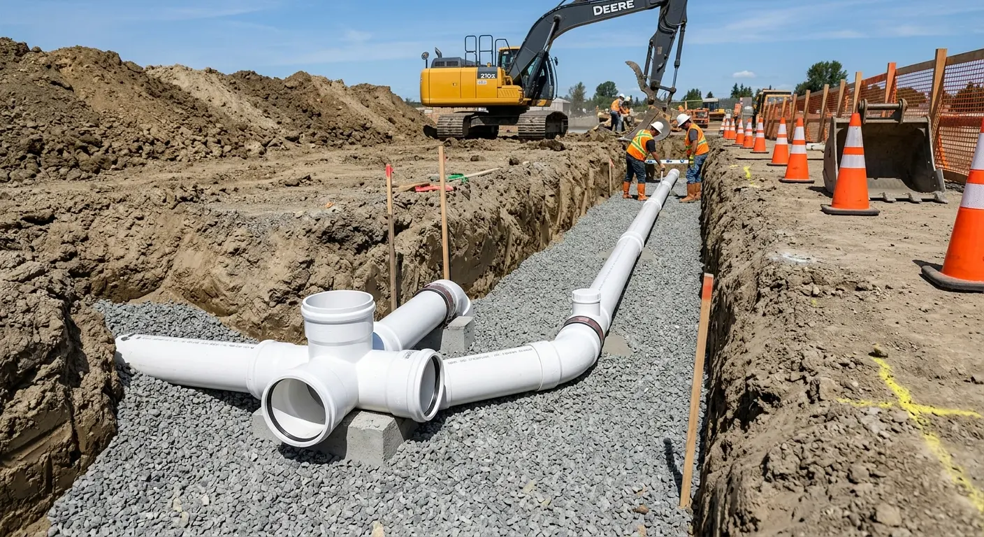 New PVC sewer pipe installation in open trench for Commercial Drain Cleaning in Angier
