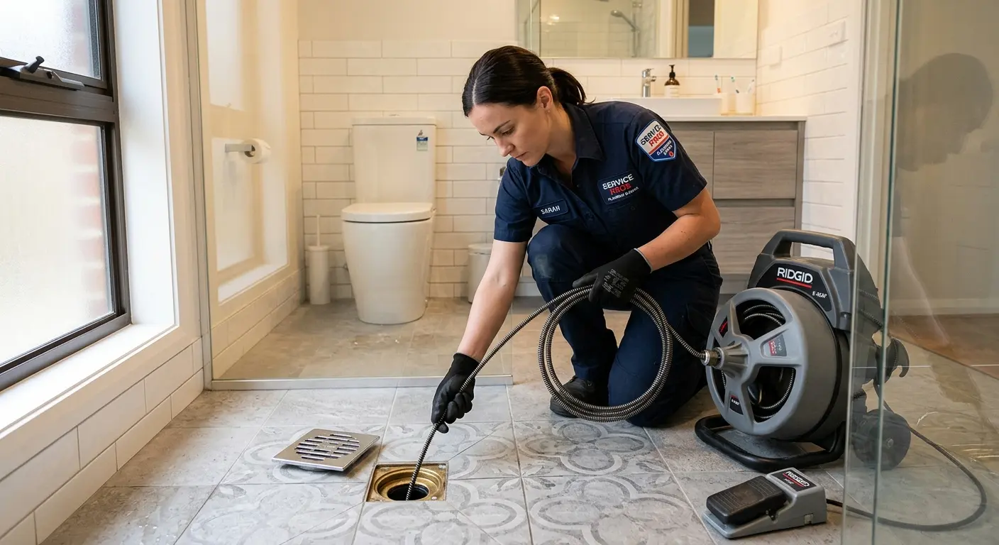 Technician clearing a bathroom floor drain for Clogged Drain Repair in Angier